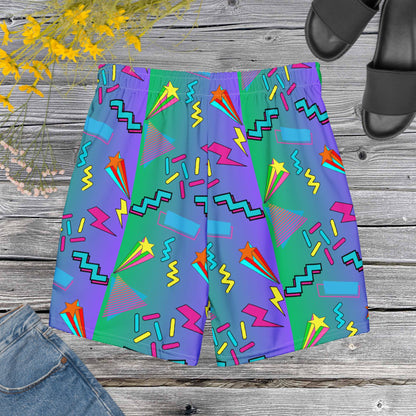 Hipyfi eco-friendly recycled swim trunks with 80s Memphis design, retro neon pattern, and sustainable fabric Back