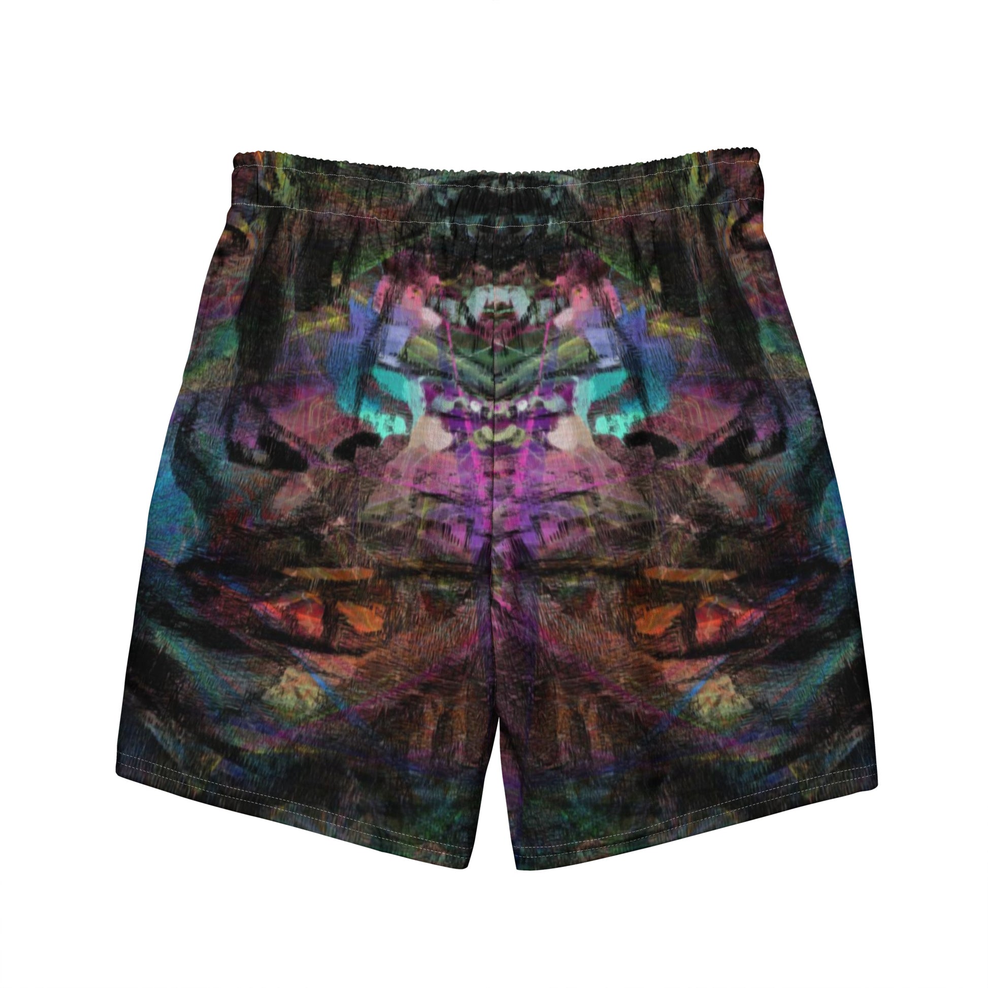 Men’s eco-friendly recycled swim trunks with bold abstract art design. Quick-dry fabric with UPF 50+ protection by Hipyfi. Back
