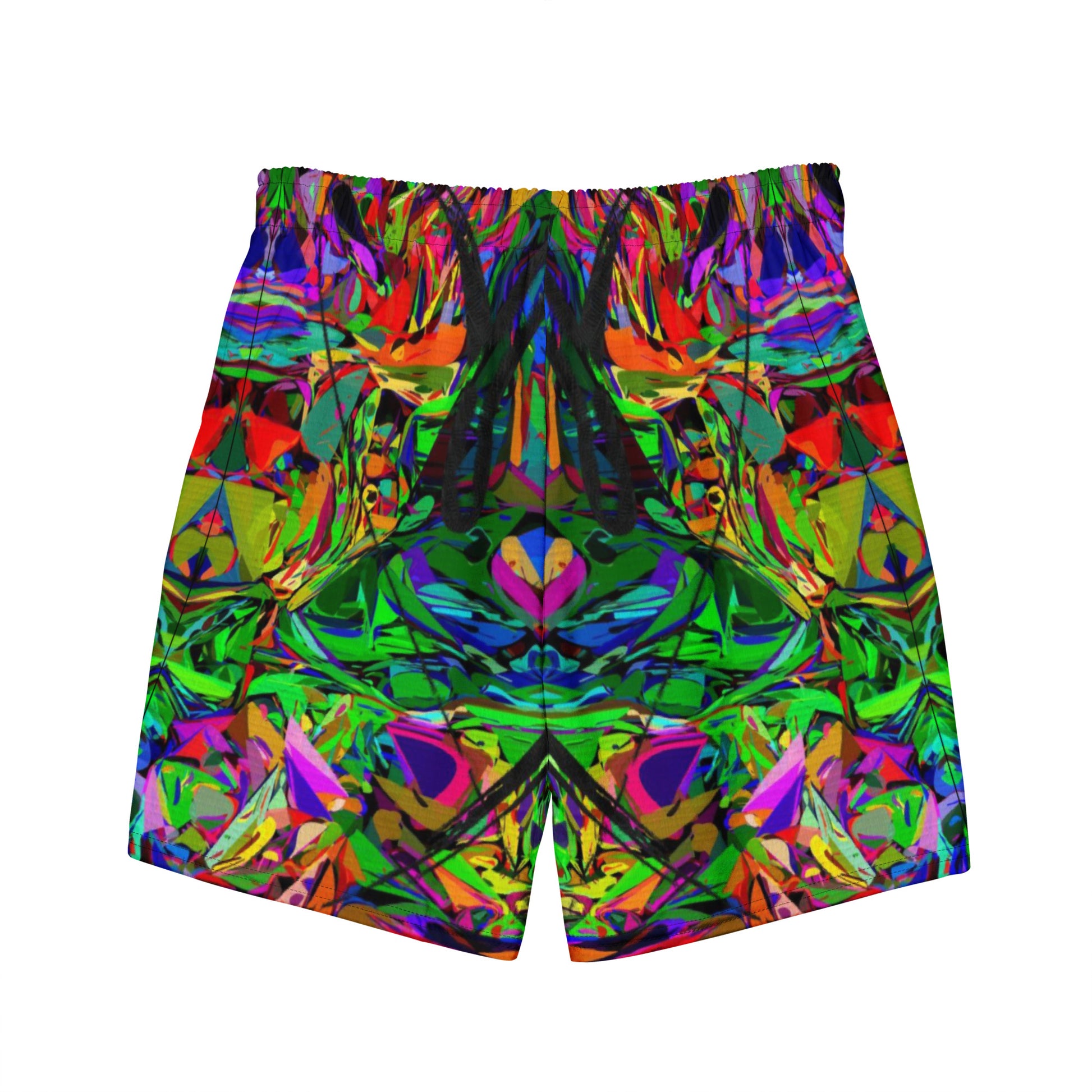 Men’s abstract neon print recycled swim trunks – vibrant eco-friendly swimwear by Hipyfi Clothes & Design Back