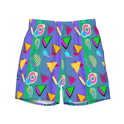 Hipyfi eco-friendly recycled swim trunks with 80s Memphis design, retro neon pattern, and sustainable fabric Front-2