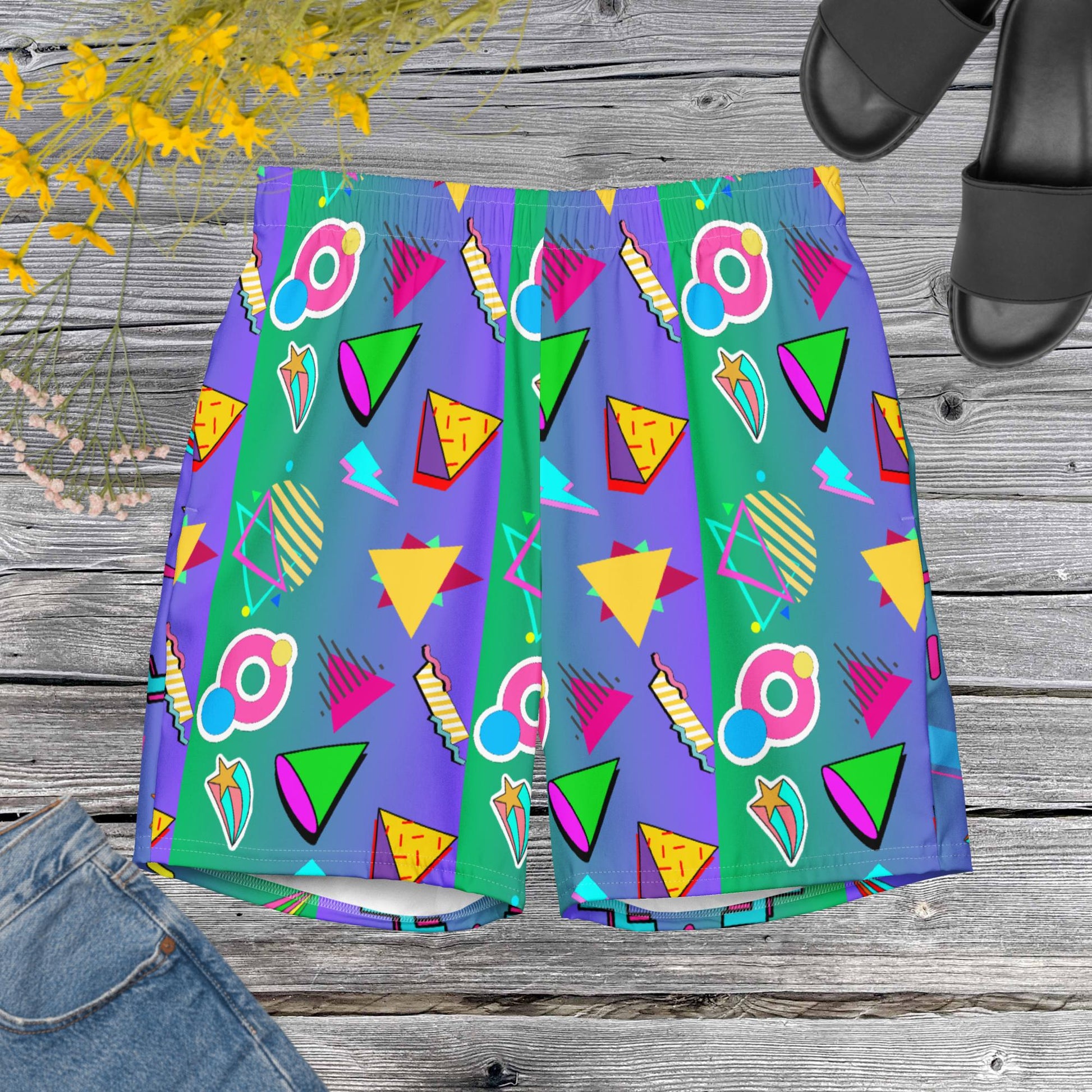 Hipyfi eco-friendly recycled swim trunks with 80s Memphis design, retro neon pattern, and sustainable fabric Front