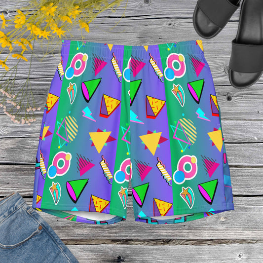 Hipyfi eco-friendly recycled swim trunks with 80s Memphis design, retro neon pattern, and sustainable fabric Front