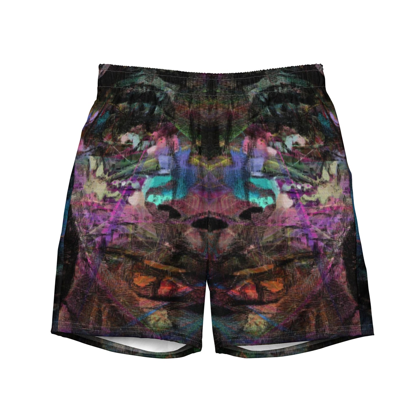 Men’s eco-friendly recycled swim trunks with bold abstract art design. Quick-dry fabric with UPF 50+ protection by Hipyfi. Front