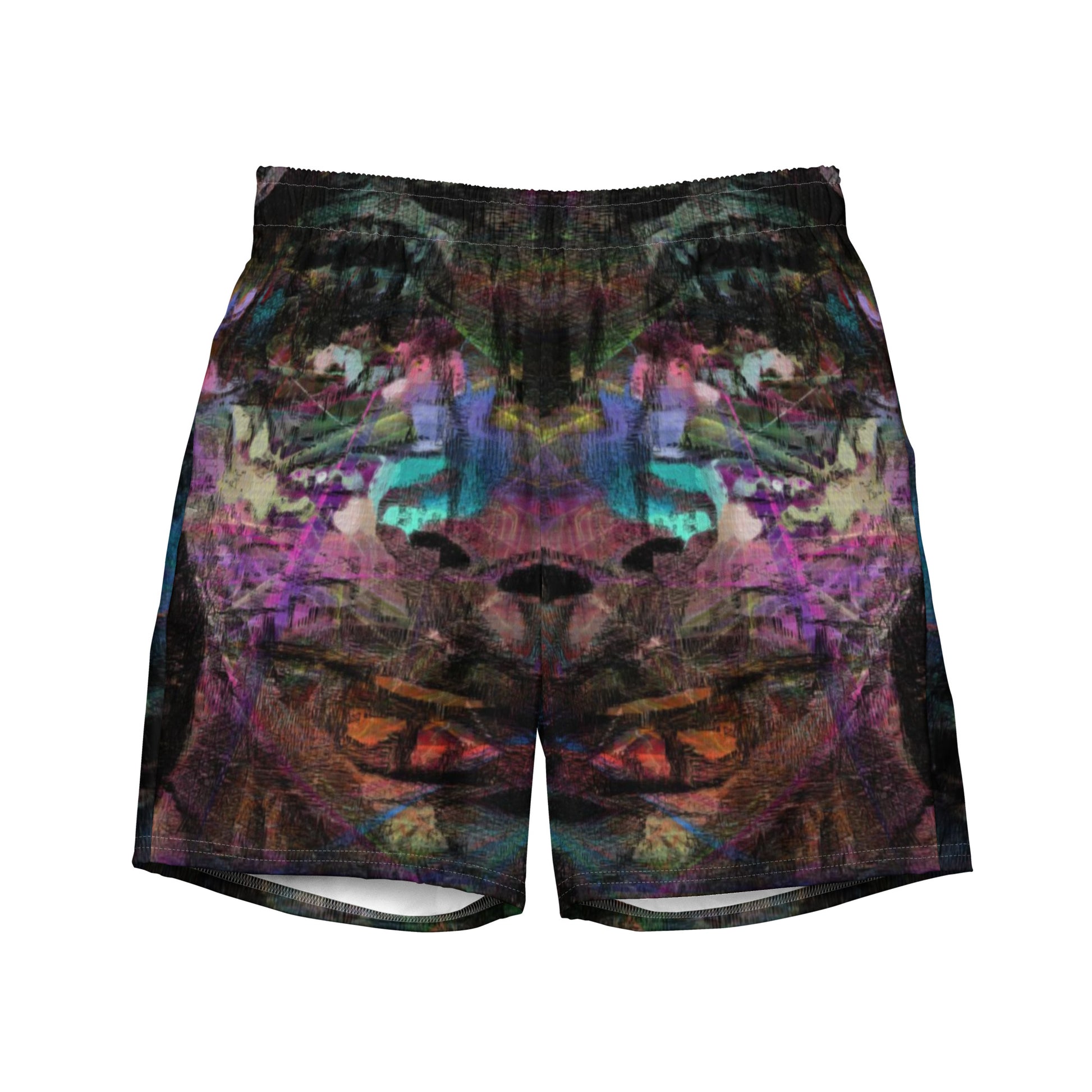 Men’s eco-friendly recycled swim trunks with bold abstract art design. Quick-dry fabric with UPF 50+ protection by Hipyfi. Front