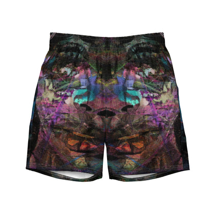 Men’s eco-friendly recycled swim trunks with bold abstract art design. Quick-dry fabric with UPF 50+ protection by Hipyfi. Front