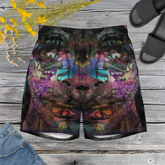 Men’s eco-friendly recycled swim trunks with bold abstract art design. Quick-dry fabric with UPF 50+ protection by Hipyfi. Front-4