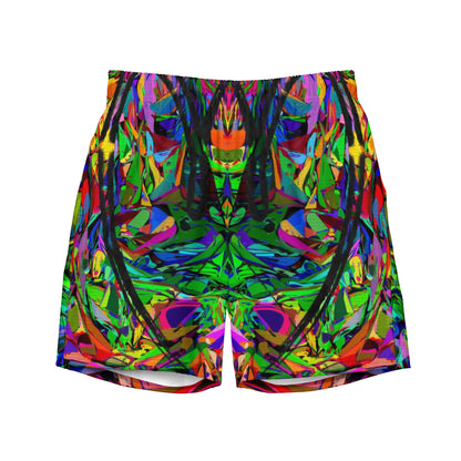 Men’s abstract neon print recycled swim trunks – vibrant eco-friendly swimwear by Hipyfi Clothes & Design Front
