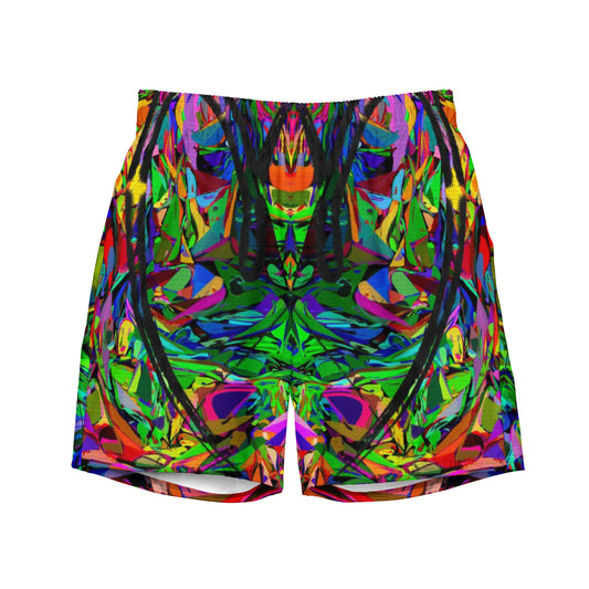 Men’s abstract neon print recycled swim trunks – vibrant eco-friendly swimwear by Hipyfi Clothes & Design Front