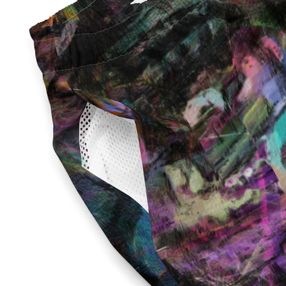 Men’s eco-friendly recycled swim trunks with bold abstract art design. Quick-dry fabric with UPF 50+ protection by Hipyfi. product-details-2