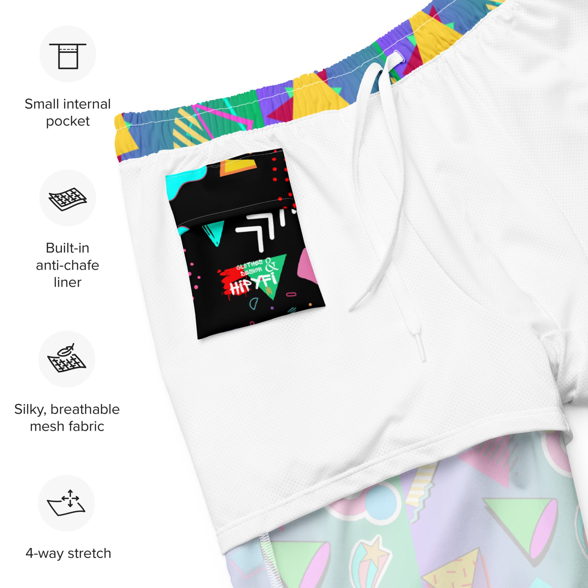 Hipyfi eco-friendly recycled swim trunks with 80s Memphis design, retro neon pattern, and sustainable fabric product-info