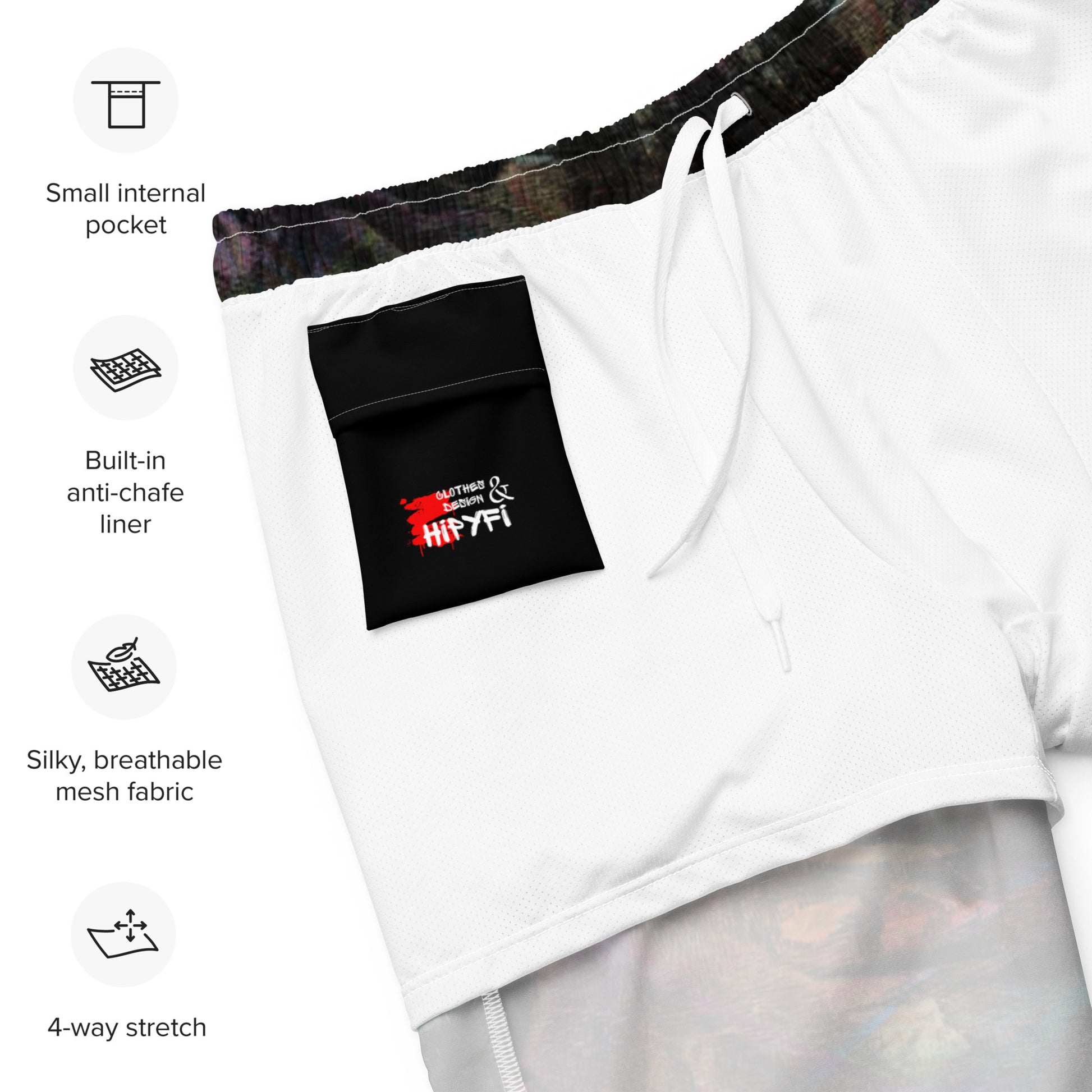 Men’s eco-friendly recycled swim trunks with bold abstract art design. Quick-dry fabric with UPF 50+ protection by Hipyfi. product-info