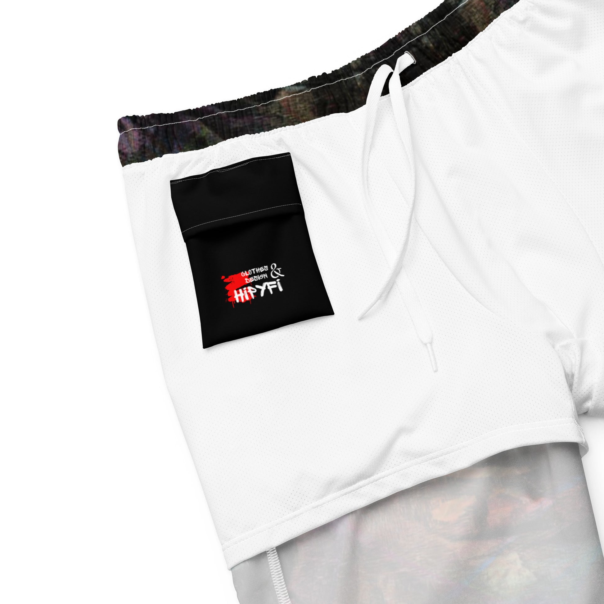 Men’s eco-friendly recycled swim trunks with bold abstract art design. Quick-dry fabric with UPF 50+ protection by Hipyfi. product-details