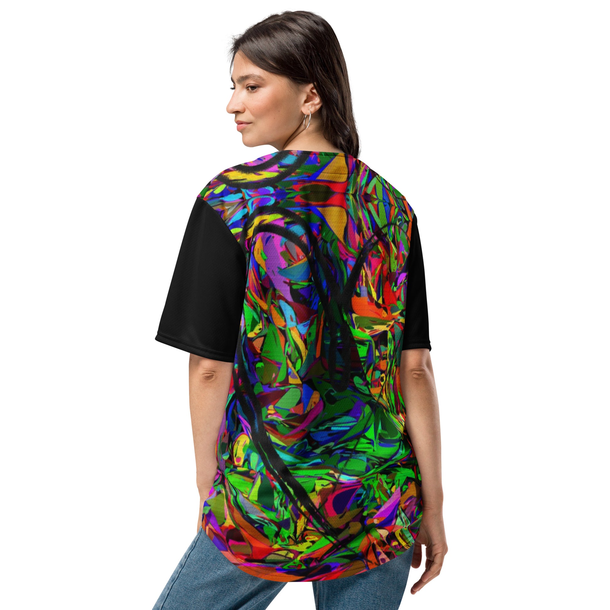 Neon Mythos Unisex Baseball Jersey – Abstract street art design, vibrant graphic print, eco-friendly recycled polyester, modern unisex fit by Hipyfi Clothes & Design. Back-2