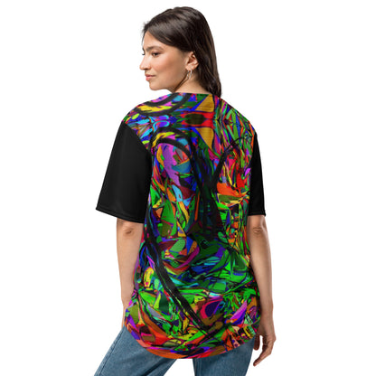 Neon Mythos Unisex Baseball Jersey – Abstract street art design, vibrant graphic print, eco-friendly recycled polyester, modern unisex fit by Hipyfi Clothes & Design. Back-2
