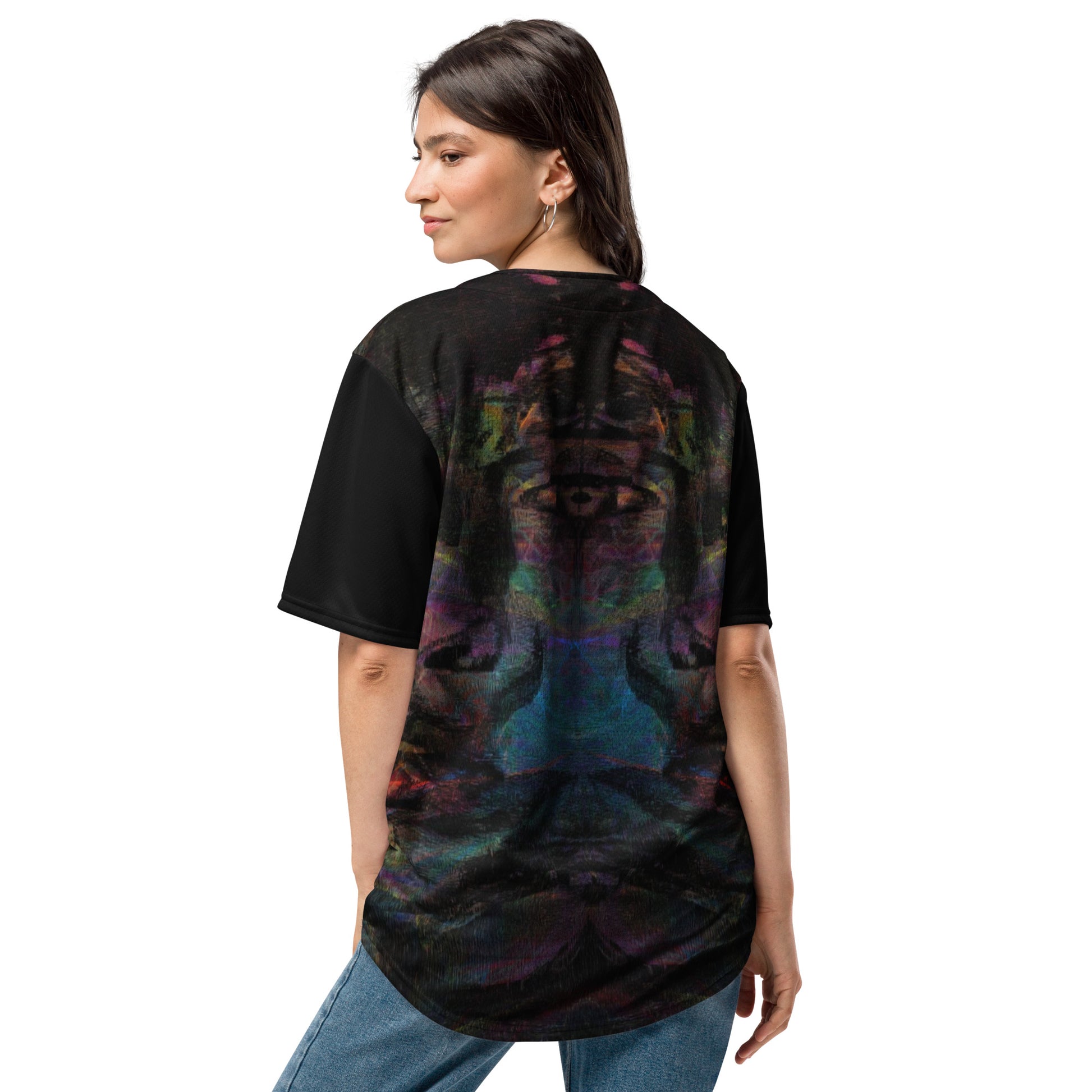 Colorful abstract design on Chromatic Dreams recycled unisex baseball jersey, comfort and UPF 50+ sun protection. By Hipyfi. Back-2