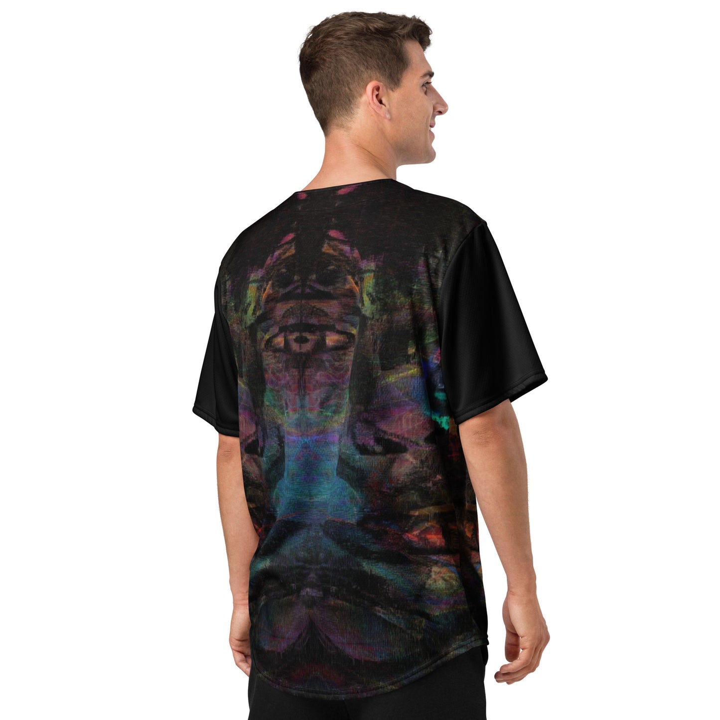 Colorful abstract design on Chromatic Dreams recycled unisex baseball jersey, comfort and UPF 50+ sun protection. By Hipyfi. Back-3