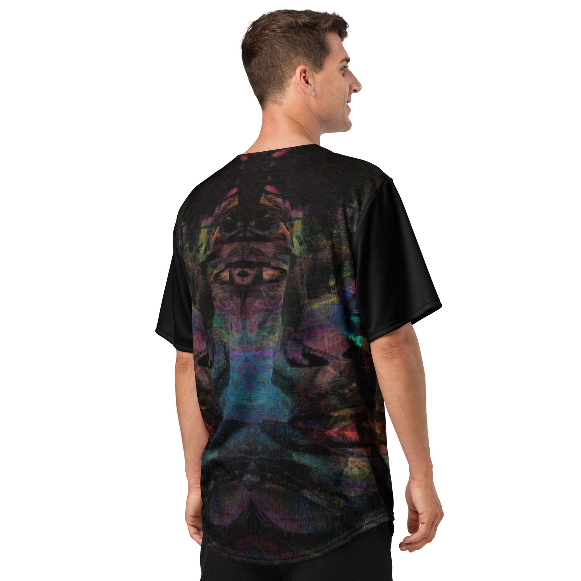 Colorful abstract design on Chromatic Dreams recycled unisex baseball jersey, comfort and UPF 50+ sun protection. By Hipyfi. Back-3