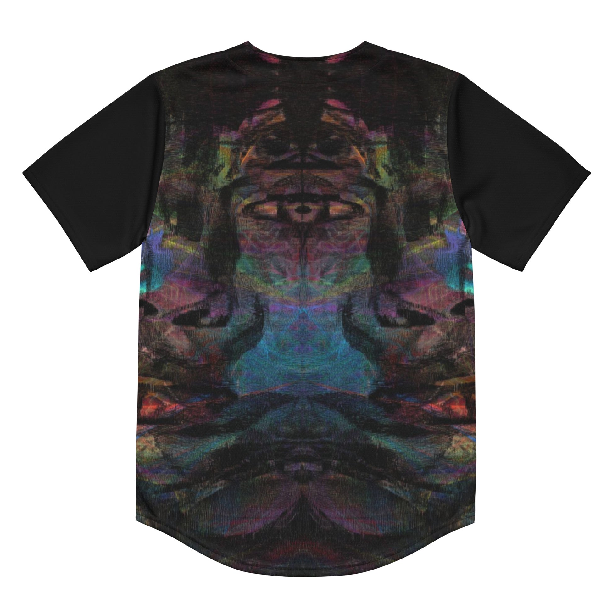 Colorful abstract design on Chromatic Dreams recycled unisex baseball jersey, comfort and UPF 50+ sun protection. By Hipyfi. Back-7
