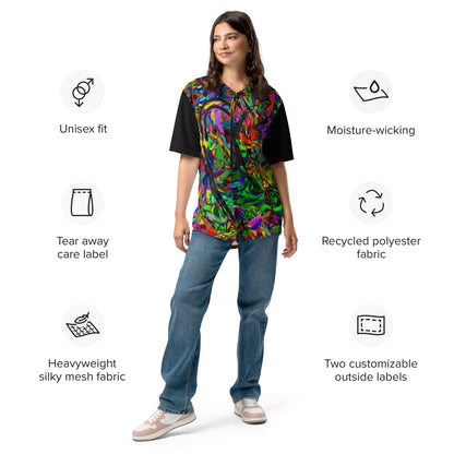 Neon Mythos Unisex Baseball Jersey – Abstract street art design, vibrant graphic print, eco-friendly recycled polyester, modern unisex fit by Hipyfi Clothes & Design. Product-info