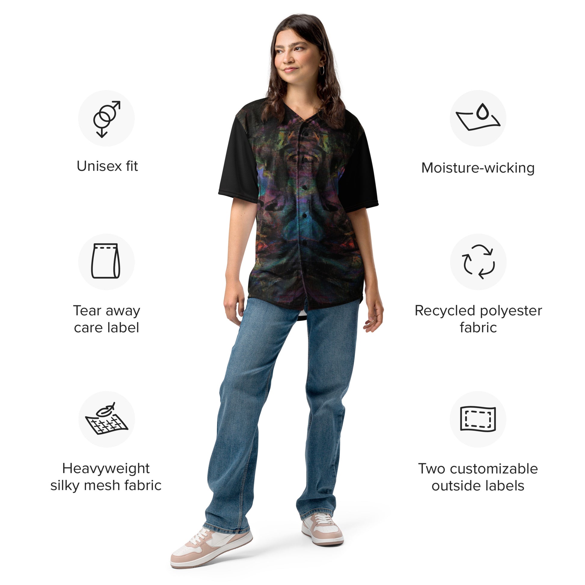 Colorful abstract design on Chromatic Dreams recycled unisex baseball jersey, comfort and UPF 50+ sun protection. By Hipyfi. product-info