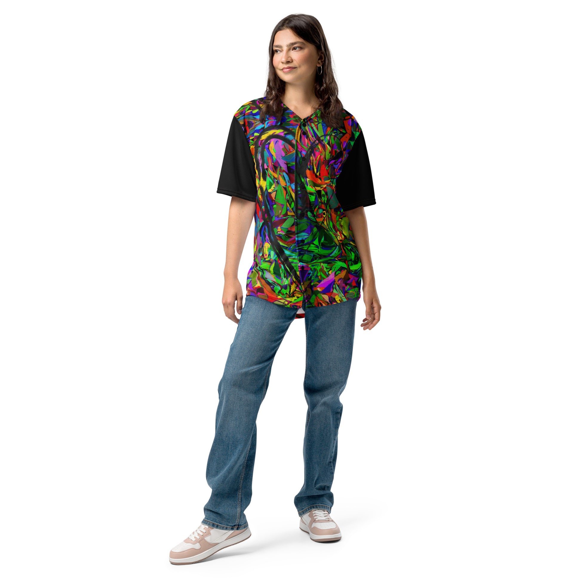 Neon Mythos Unisex Baseball Jersey – Abstract street art design, vibrant graphic print, eco-friendly recycled polyester, modern unisex fit by Hipyfi Clothes & Design. Front-2