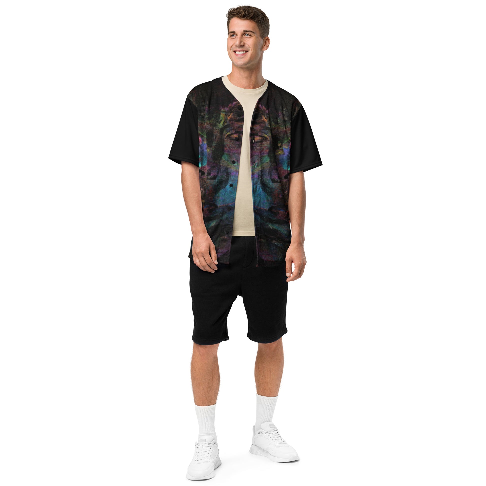 Colorful abstract design on Chromatic Dreams recycled unisex baseball jersey, comfort and UPF 50+ sun protection. By Hipyfi. Front-3