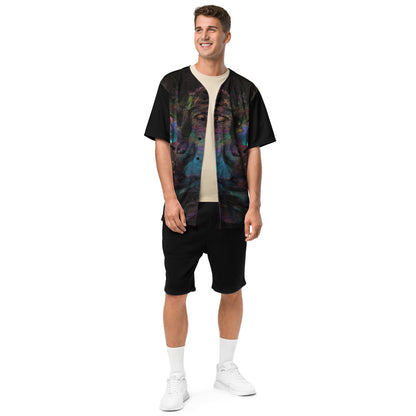Colorful abstract design on Chromatic Dreams recycled unisex baseball jersey, comfort and UPF 50+ sun protection. By Hipyfi. Front-3