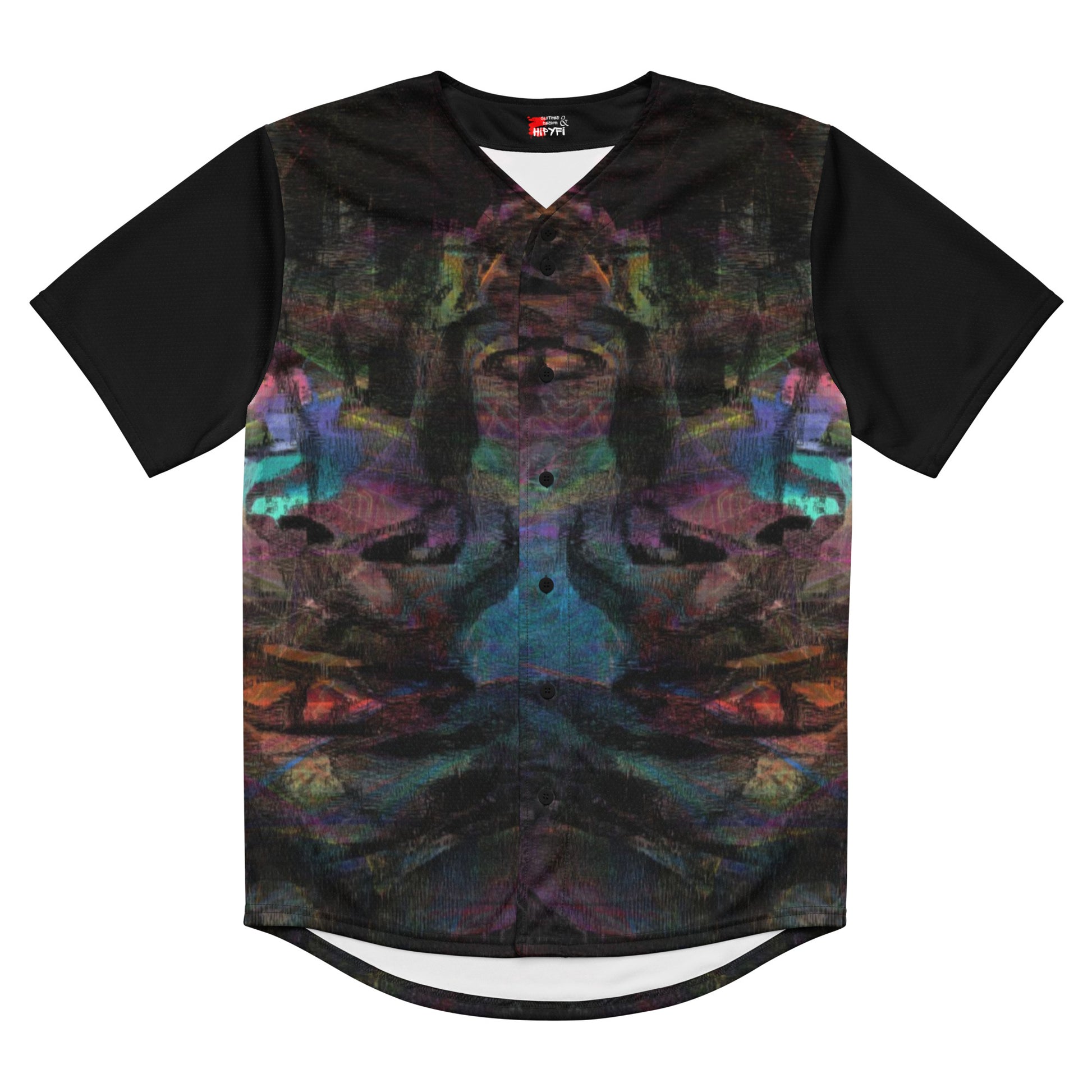Colorful abstract design on Chromatic Dreams recycled unisex baseball jersey, comfort and UPF 50+ sun protection. By Hipyfi. Front-7