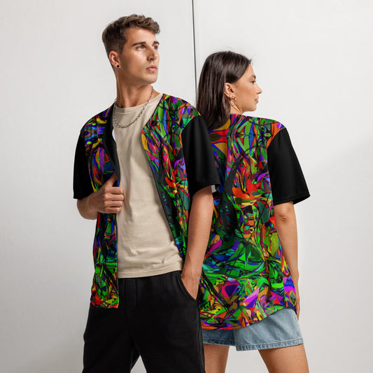 Neon Mythos Unisex Baseball Jersey – Abstract street art design, vibrant graphic print, eco-friendly recycled polyester, modern unisex fit by Hipyfi Clothes & Design. Front