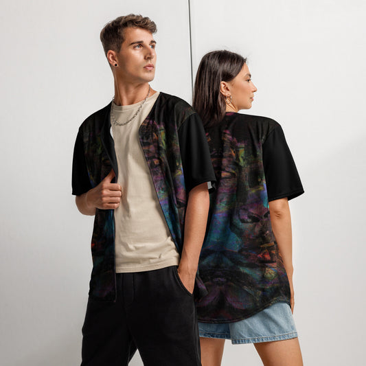 Colorful abstract design on Chromatic Dreams recycled unisex baseball jersey, comfort and UPF 50+ sun protection. By Hipyfi. Front and back