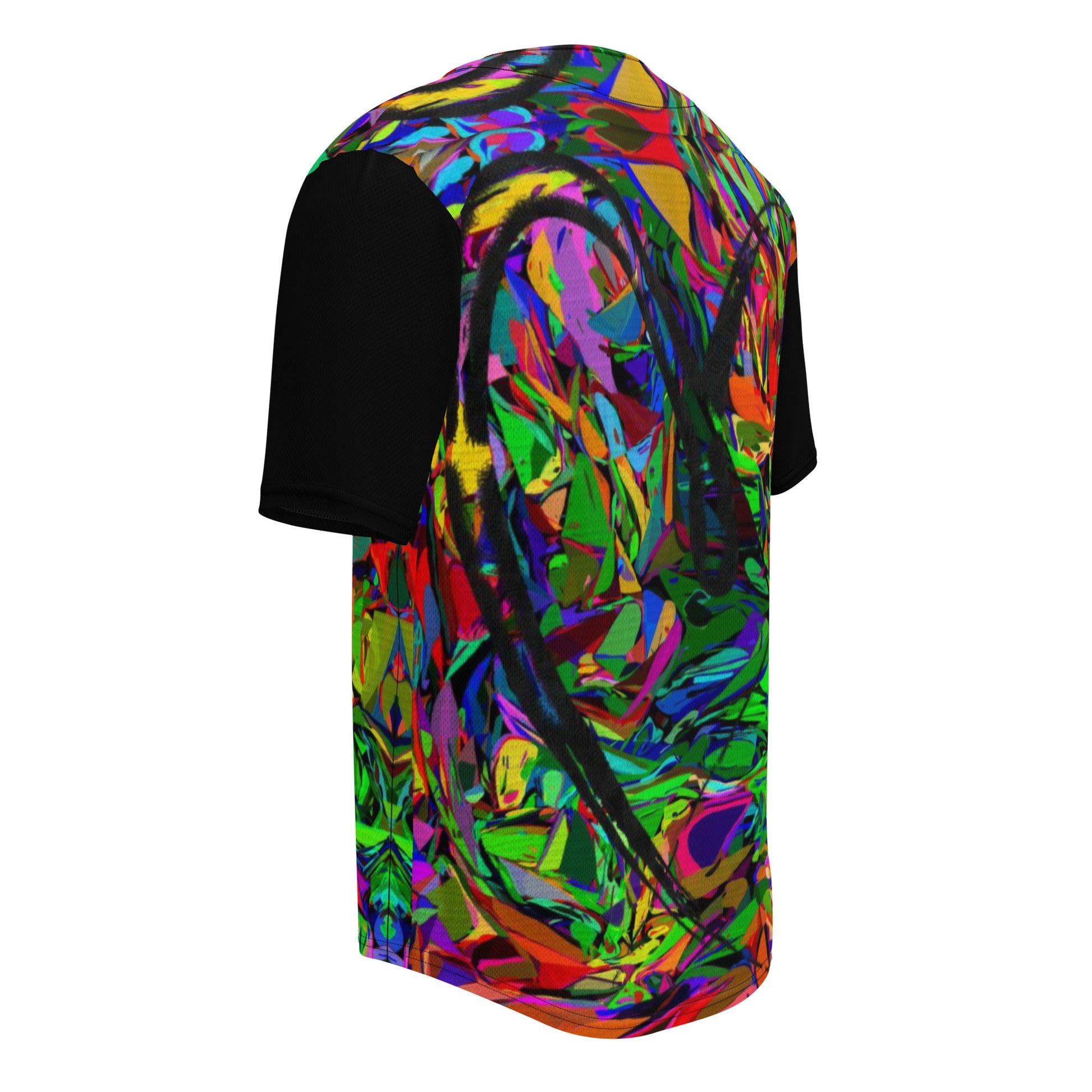 Neon Mythos Unisex Baseball Jersey – Abstract street art design, vibrant graphic print, eco-friendly recycled polyester, modern unisex fit by Hipyfi Clothes & Design. Left-Back-4