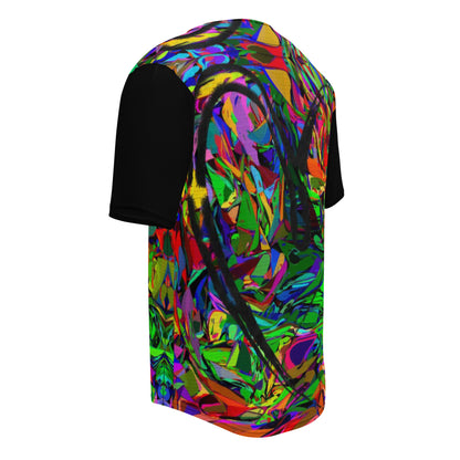 Neon Mythos Unisex Baseball Jersey – Abstract street art design, vibrant graphic print, eco-friendly recycled polyester, modern unisex fit by Hipyfi Clothes & Design. Left-Back-4