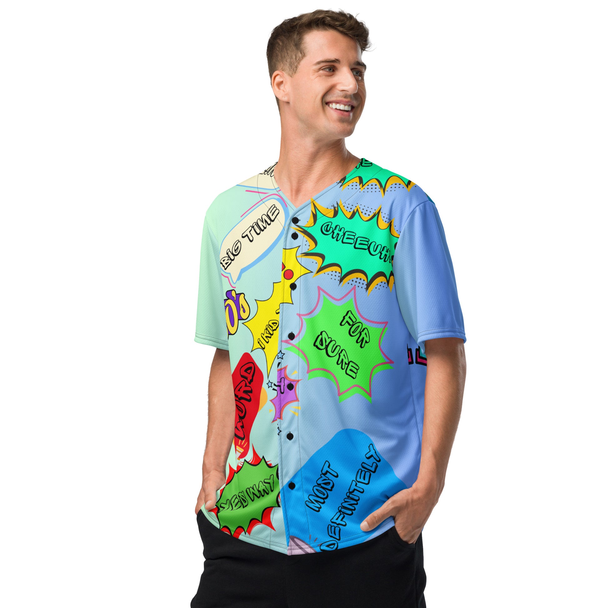 Retro recycled unisex baseball jersey with 80s graphic design by Hipyfi Clothes & Design left-front