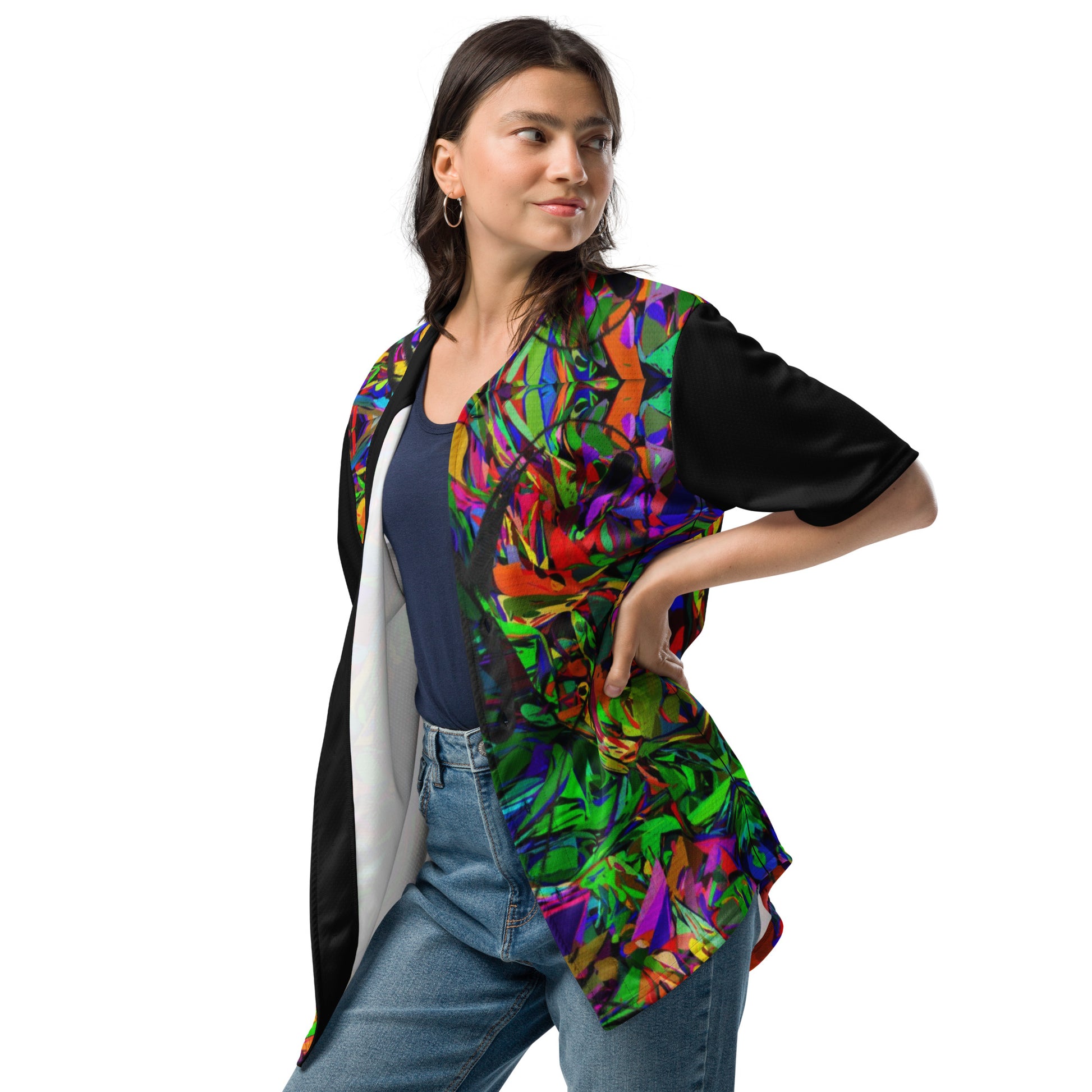 Neon Mythos Unisex Baseball Jersey – Abstract street art design, vibrant graphic print, eco-friendly recycled polyester, modern unisex fit by Hipyfi Clothes & Design. Left-Front-2