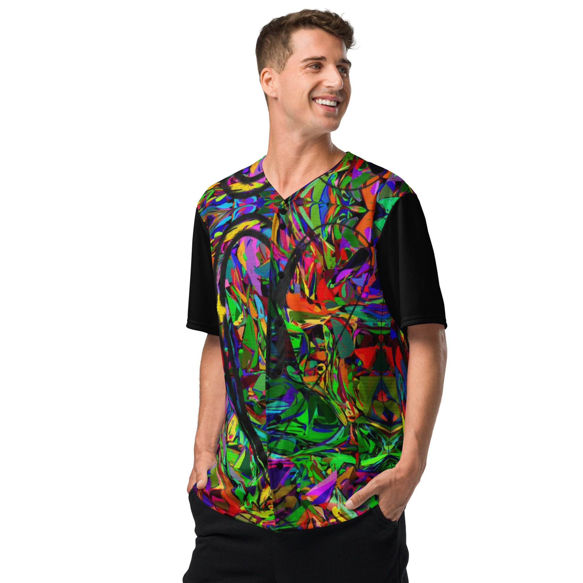 Neon Mythos Unisex Baseball Jersey – Abstract street art design, vibrant graphic print, eco-friendly recycled polyester, modern unisex fit by Hipyfi Clothes & Design. Left-Front-3