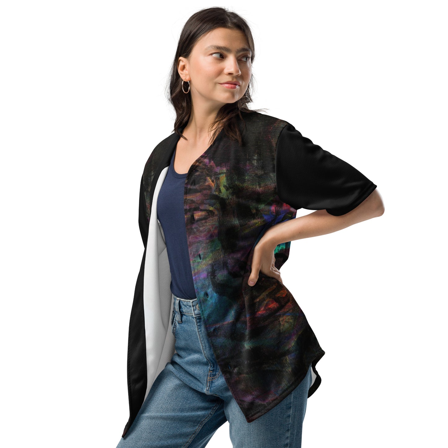 Colorful abstract design on Chromatic Dreams recycled unisex baseball jersey, comfort and UPF 50+ sun protection. By Hipyfi. Left-front-2