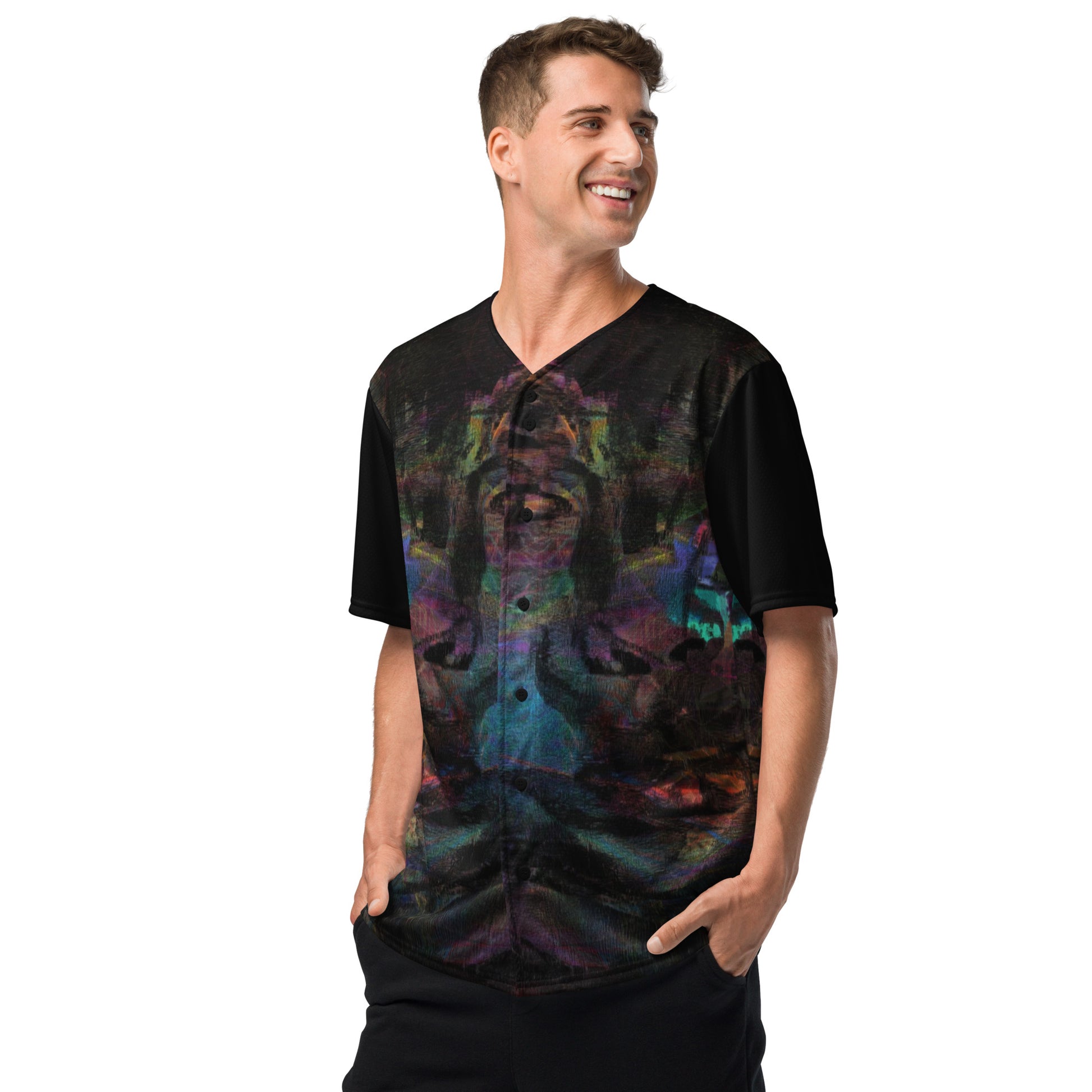 Colorful abstract design on Chromatic Dreams recycled unisex baseball jersey, comfort and UPF 50+ sun protection. By Hipyfi. Left-front-3
