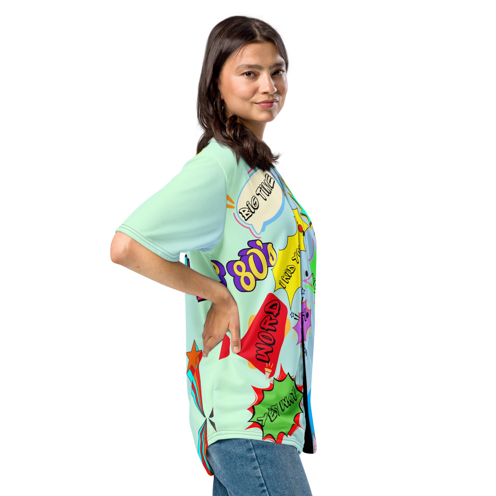 Retro recycled unisex baseball jersey with 80s graphic design by Hipyfi Clothes & Design right-front-2