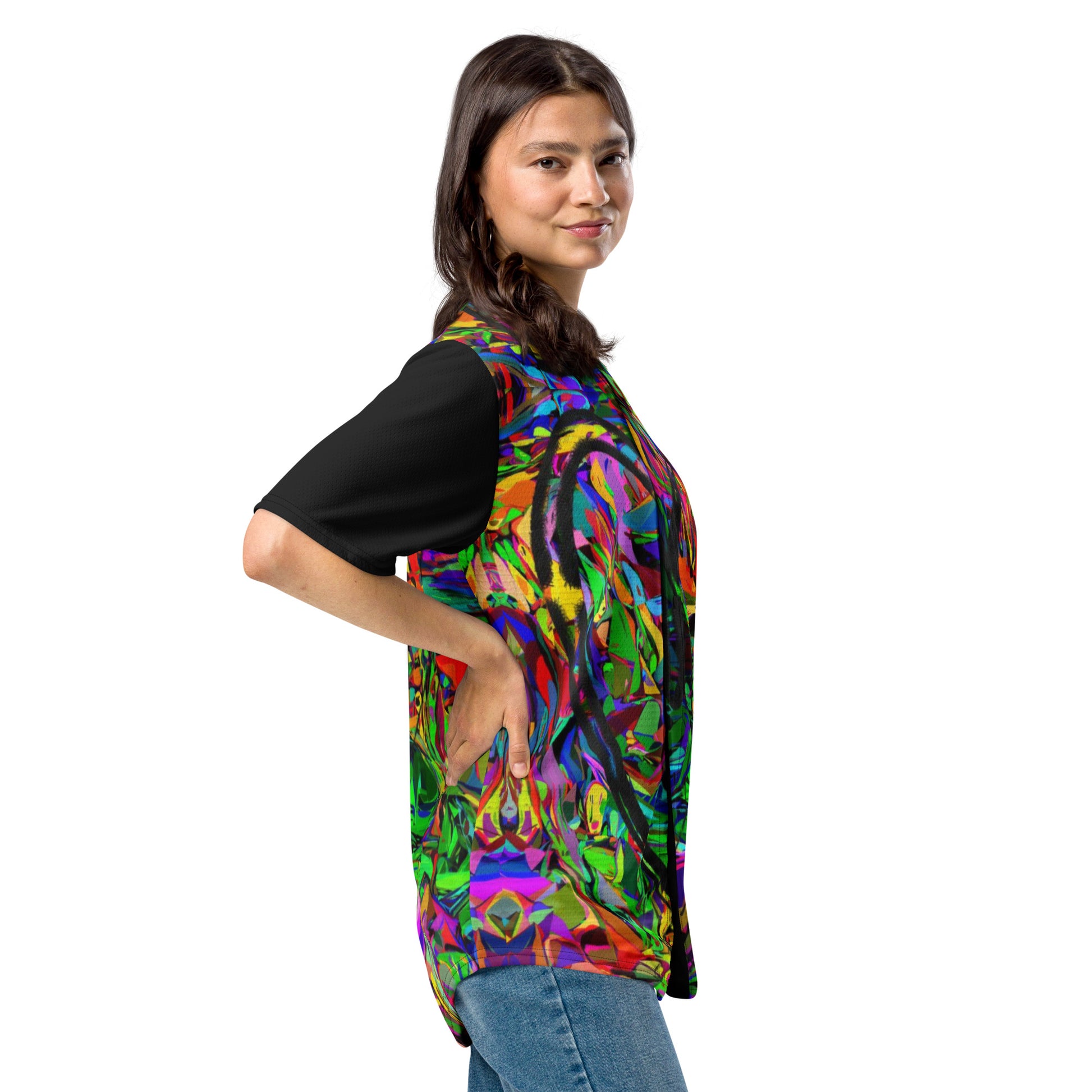 Neon Mythos Unisex Baseball Jersey – Abstract street art design, vibrant graphic print, eco-friendly recycled polyester, modern unisex fit by Hipyfi Clothes & Design. Right-Front-2