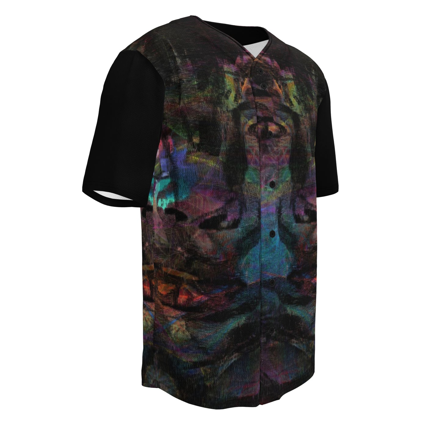 Colorful abstract design on Chromatic Dreams recycled unisex baseball jersey, comfort and UPF 50+ sun protection. By Hipyfi. Right-front-4