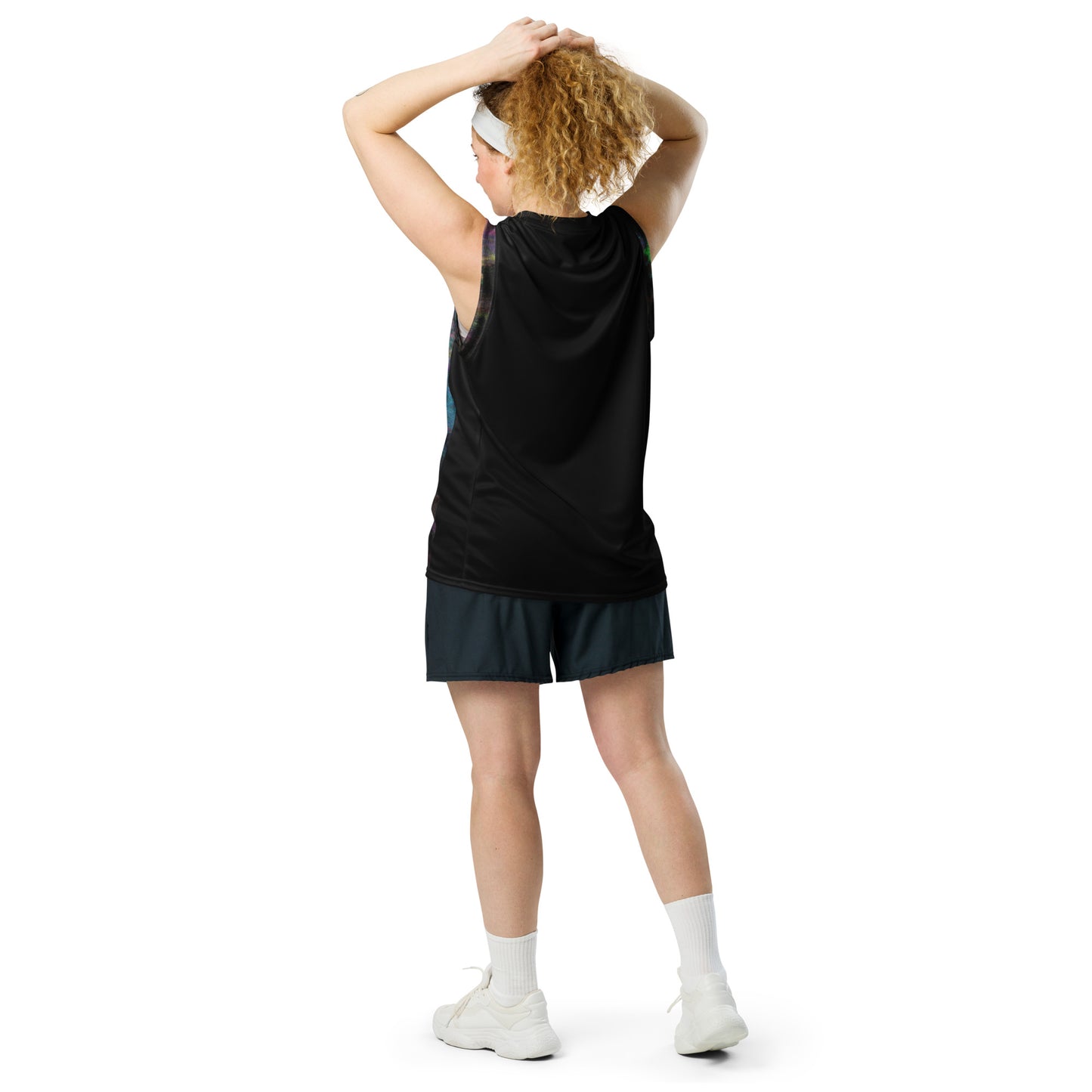 Chromatic Dreams Recycled Unisex Basketball Jersey by Hipyfi – Colorful art print, eco-friendly sportswear, made from 100% recycled polyester. Back