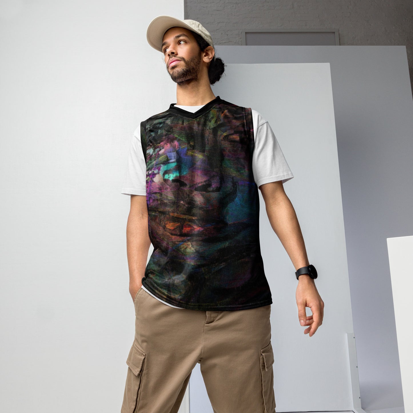 Chromatic Dreams Recycled Unisex Basketball Jersey by Hipyfi – Colorful art print, eco-friendly sportswear, made from 100% recycled polyester. front