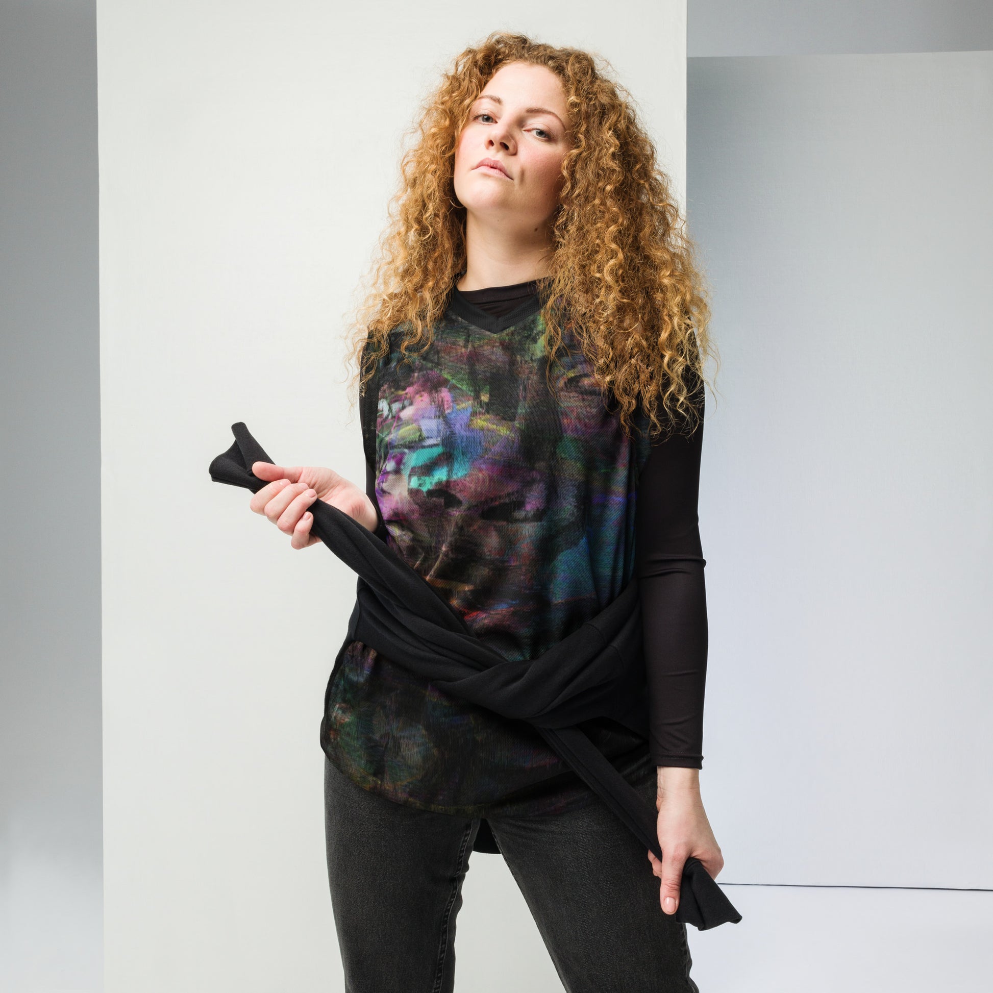 Chromatic Dreams Recycled Unisex Basketball Jersey by Hipyfi – Colorful art print, eco-friendly sportswear, made from 100% recycled polyester. front-2