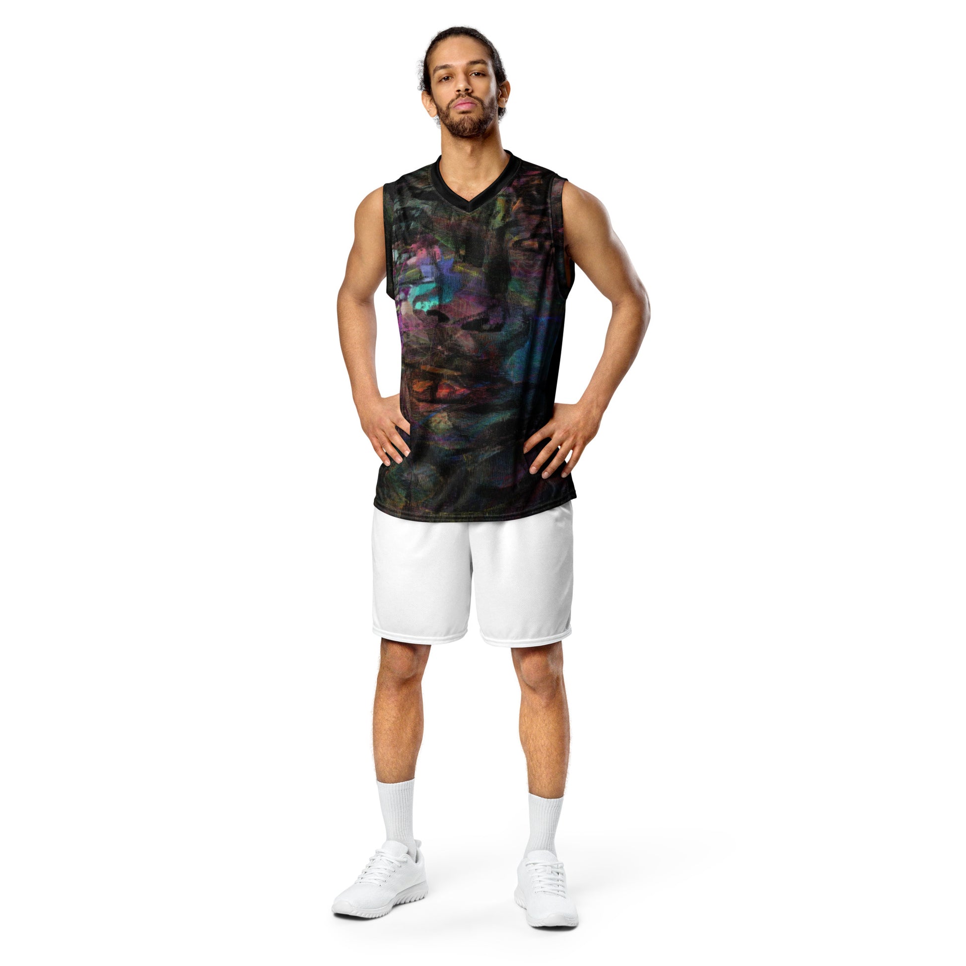 Chromatic Dreams Recycled Unisex Basketball Jersey by Hipyfi – Colorful art print, eco-friendly sportswear, made from 100% recycled polyester. front-4