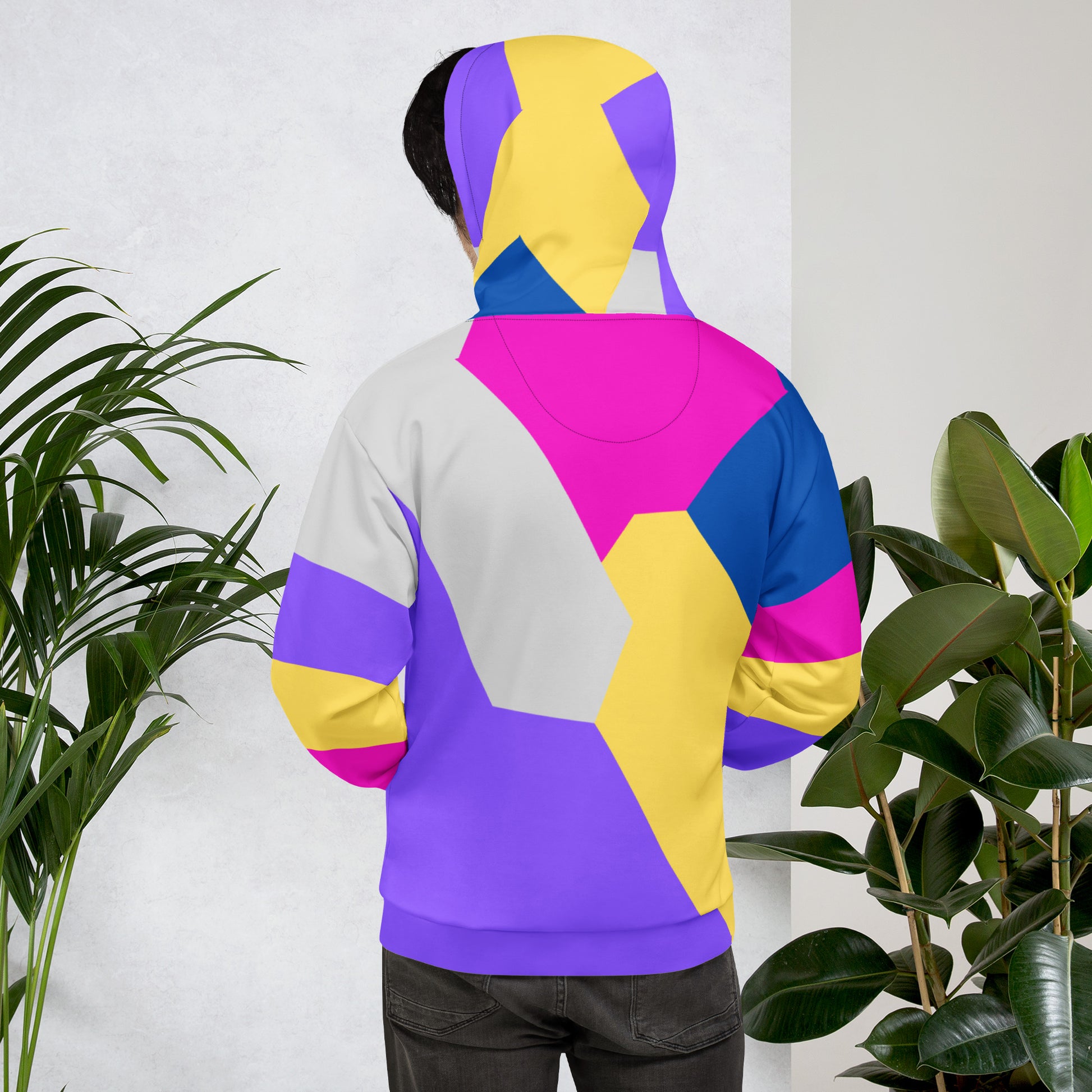 RetroVibe recycled unisex hoodie with 80s geometric pop art design and vibrant vaporwave colors by Hipyfi Clothes & Design. back-2