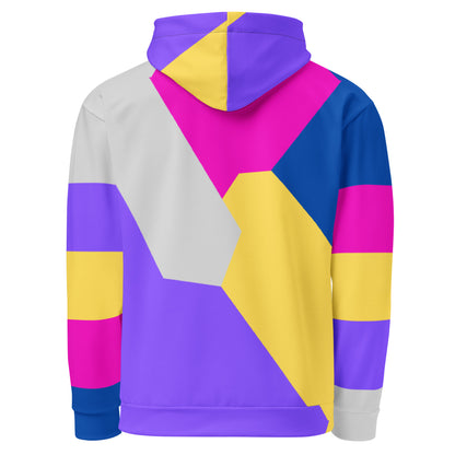 RetroVibe recycled unisex hoodie with 80s geometric pop art design and vibrant vaporwave colors by Hipyfi Clothes & Design. back-3
