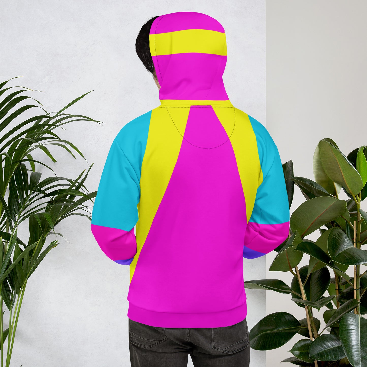 Recycled unisex hoodie with bold geometric pop-art pattern in magenta, cyan, and yellow – eco-friendly streetwear by Hipyfi. back-2