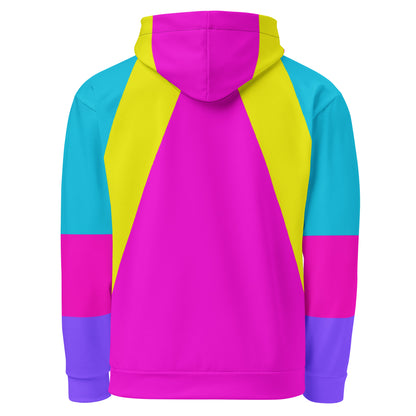 Recycled unisex hoodie with bold geometric pop-art pattern in magenta, cyan, and yellow – eco-friendly streetwear by Hipyfi. back-3