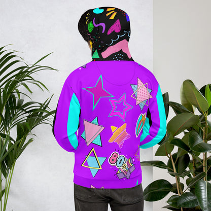 Hipyfi Recycled Unisex Hoodie – 80s Memphis Graphic Design with vibrant retro colors, bold geometric patterns, and a cozy brushed fleece interior, eco-friendly and stylish streetwear. back-2