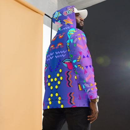 Unisex recycled pop art hoodie with retro 80s graphic design and vibrant neon colors by Hipyfi Clothes & Design. back-5